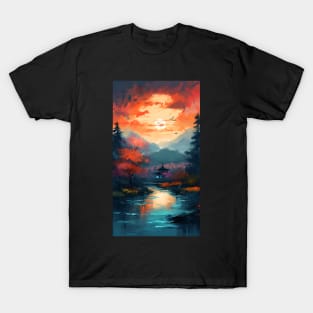 Serene Sunset over a River in a Vibrant Japanese Forest T-Shirt